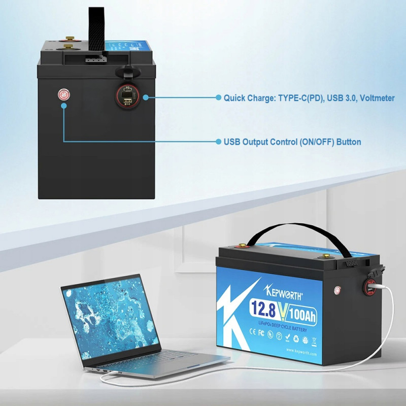 KEPWORTH Lithium LifePo4 akumulators 12 V 100 Ah IP65 ūdensizturīgs ar 1xTYPE-C + 1xUSB QC3.0 + voltmetrs