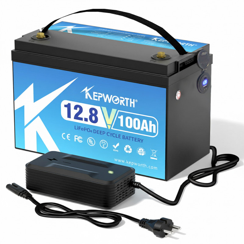 KEPWORTH Lithium LifePo4 akumulators 12 V 100 Ah IP65 ūdensizturīgs ar 1xTYPE-C + 1xUSB QC3.0 + voltmetrs